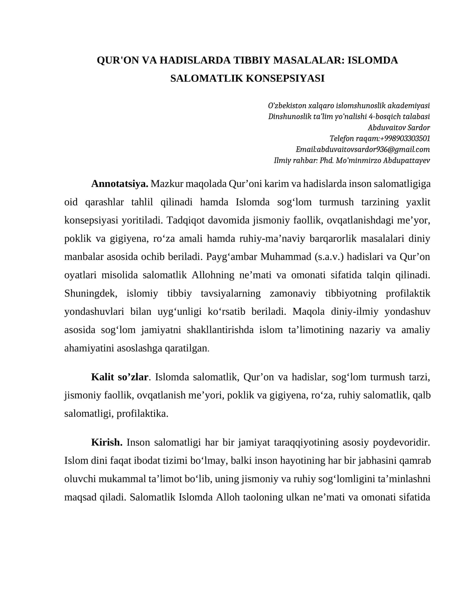 QUR'ON VA HADISLARDA TIBBIY MASALALAR: ISLOMDA SALOMATLIK KONSEPSIYASI 1