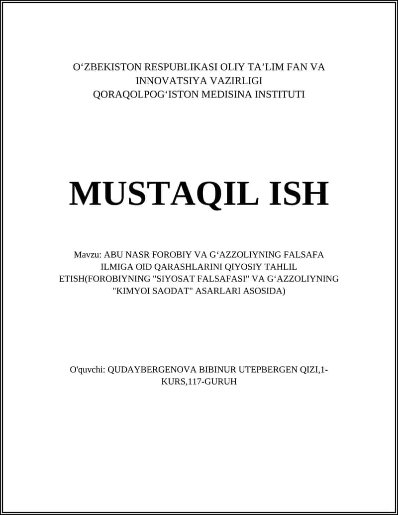 ABU NASR FOROBIY VA GʻAZZOLIYNING FALSAFA ILMIGA OID QARASHLARINI QIYOSIY TAHLIL ETISH 1
