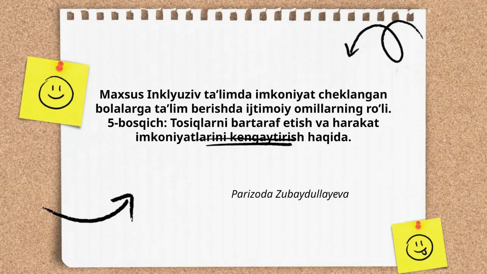 Maxsus Inklyuziv ta’limda imkoniyat cheklangan bolalarga ta’lim berishda ijtimoiy omillarning ro’li. 5-bosqich: Tosiqlarni bartaraf etish va harakat imkoniyatlarini kengaytirish haqida 1