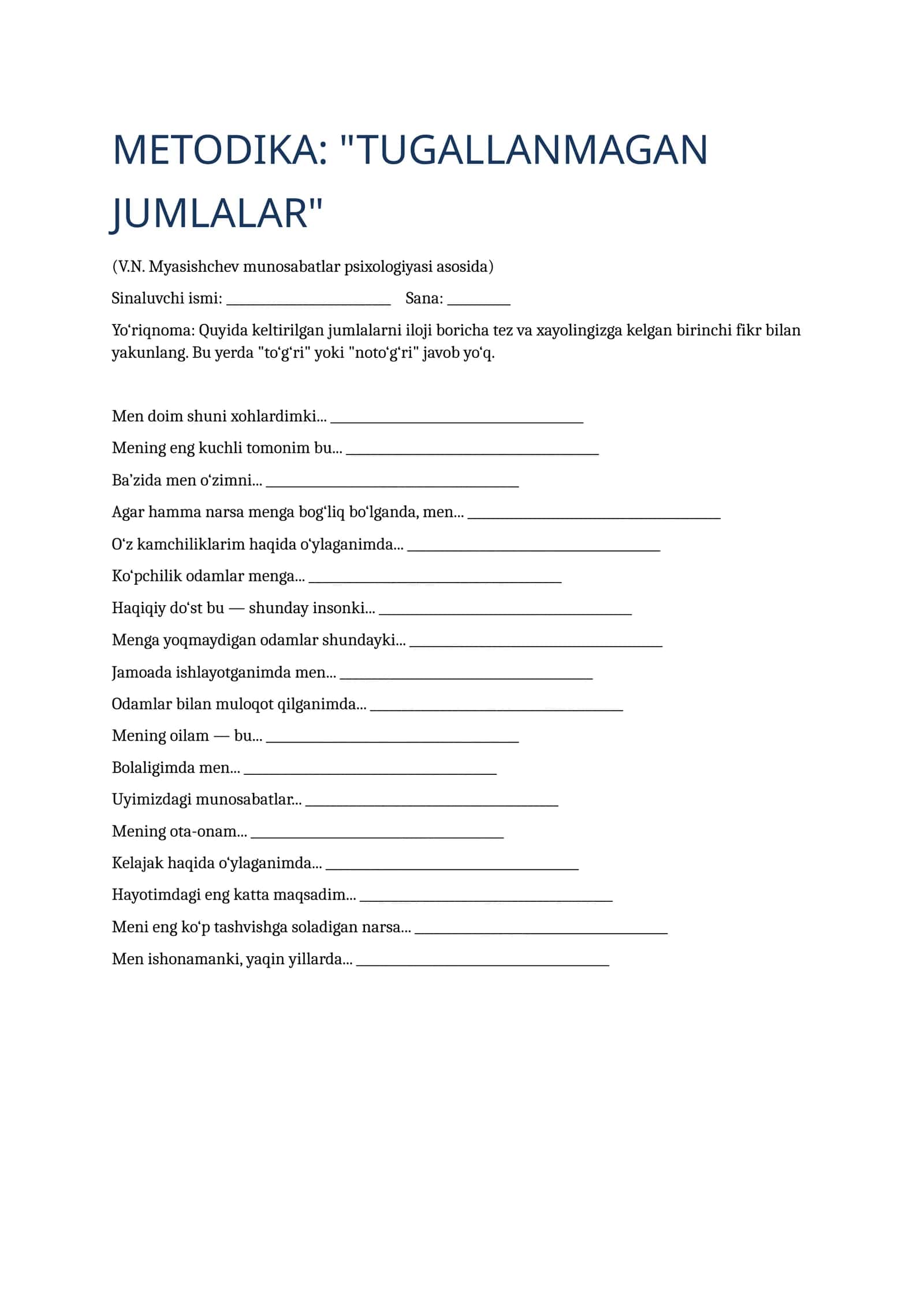 "TUGALLANMAGAN JUMLALAR" METODIKASI 1