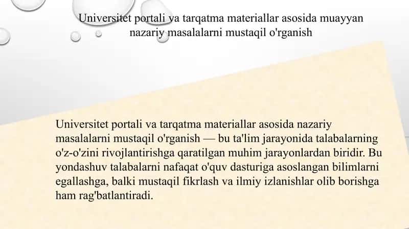 Universitet portali va tarqatma materiallar asosida muayyan nazariy masalalarni mustaqil 1