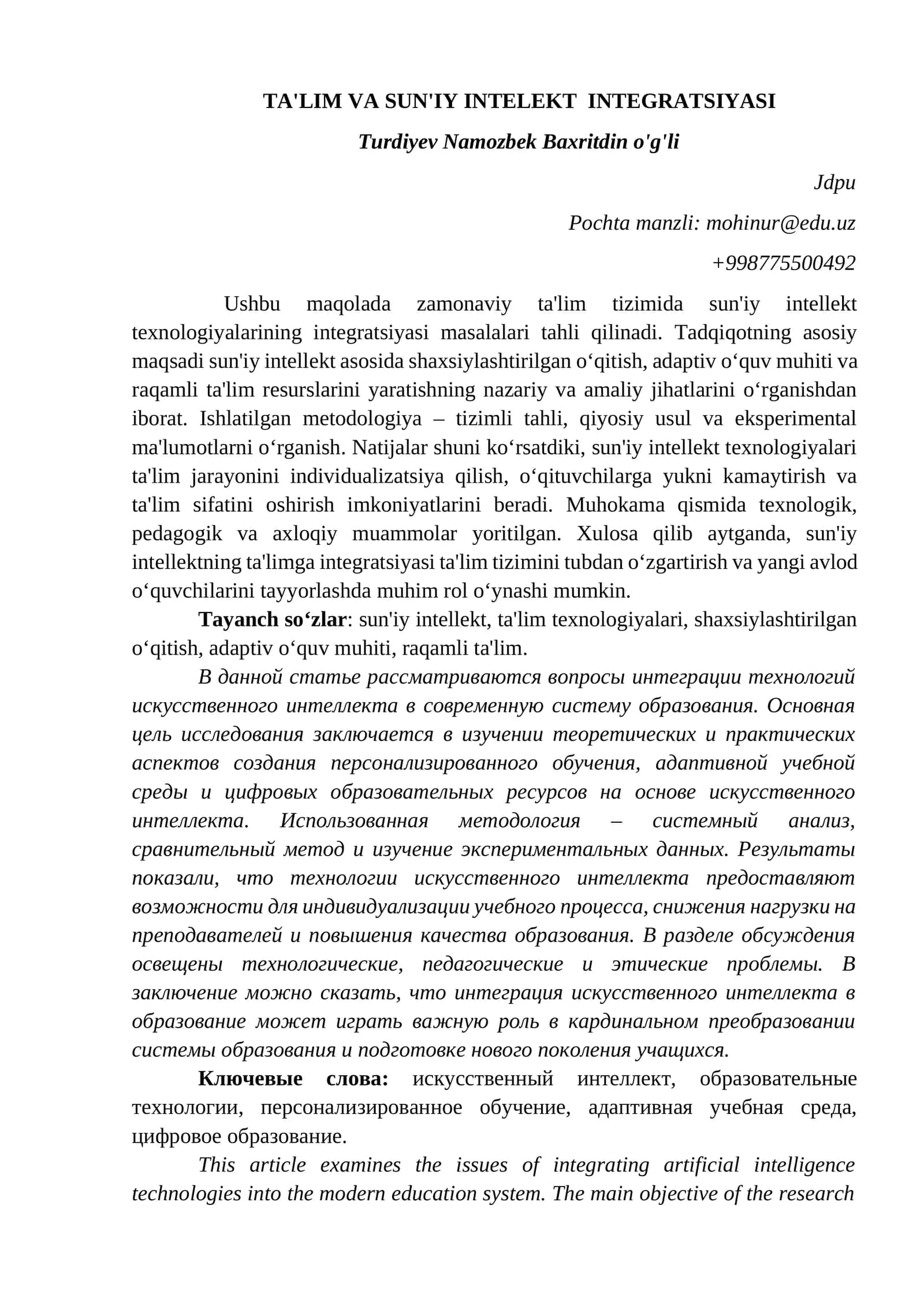TA'LIM VA SUN'IY INTELEKT INTEGRATSIYASI 1