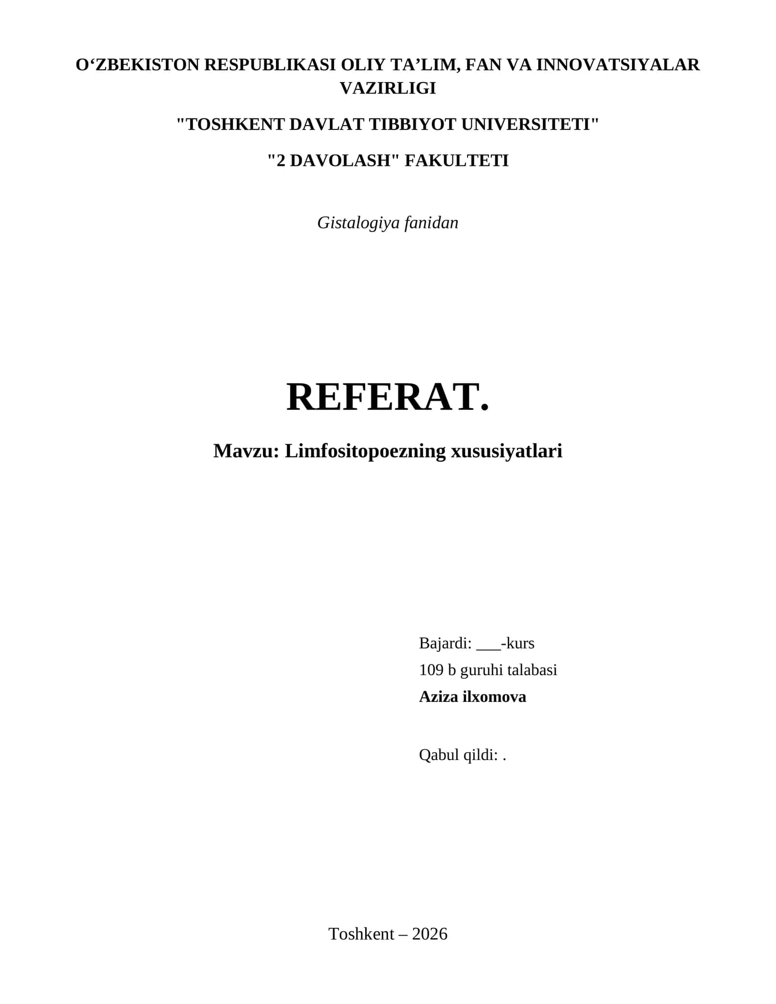 Limfositopoezning xususiyatlari 1