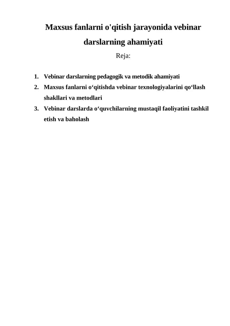 Maxsus fanlarni o'qitish jarayonida vebinar darslarning ahamiyati 1