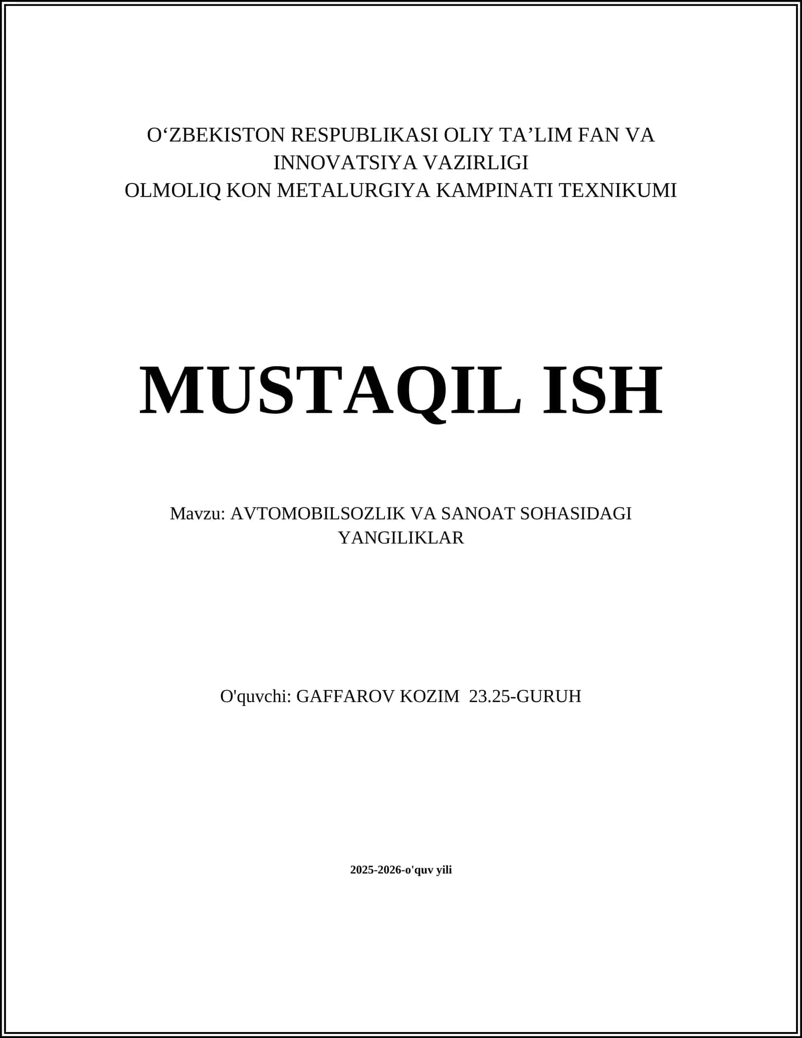 AVTOMOBILSOZLIK VA SANOAT SOHASIDAGI YANGILIKLAR 1