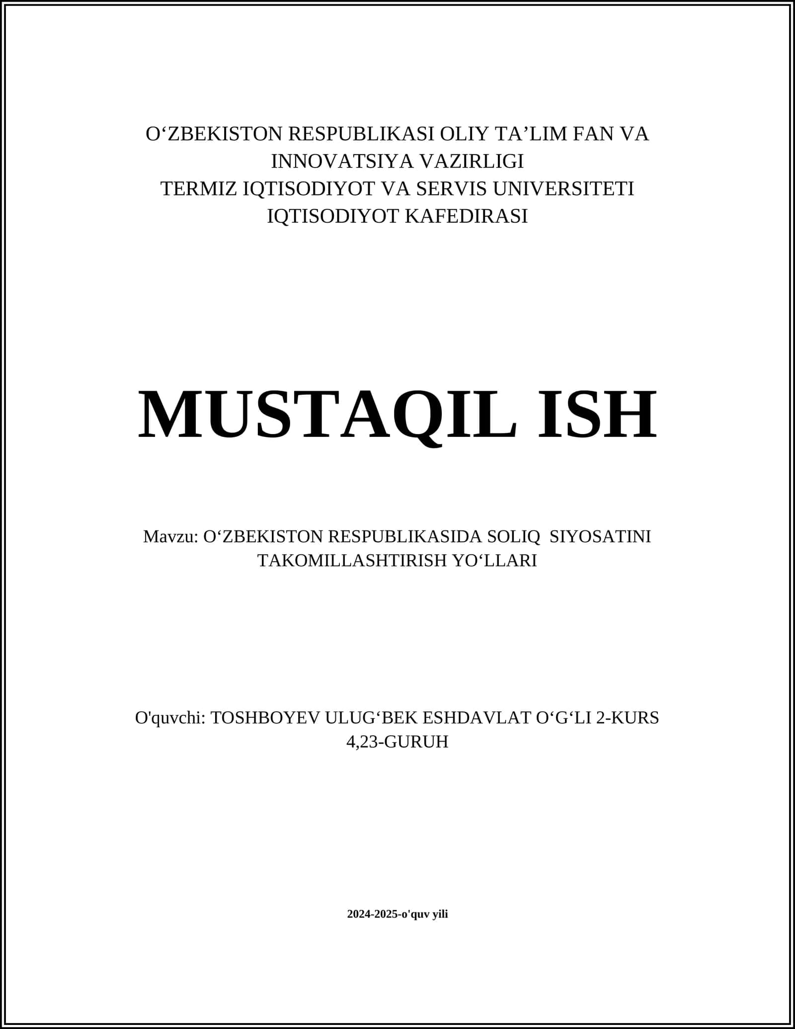 O'ZBEKISTON RESPUBLIKASIDA SOLIQ SIYOSATINI TAKOMILLASHTIRISH YO'LLARI 1