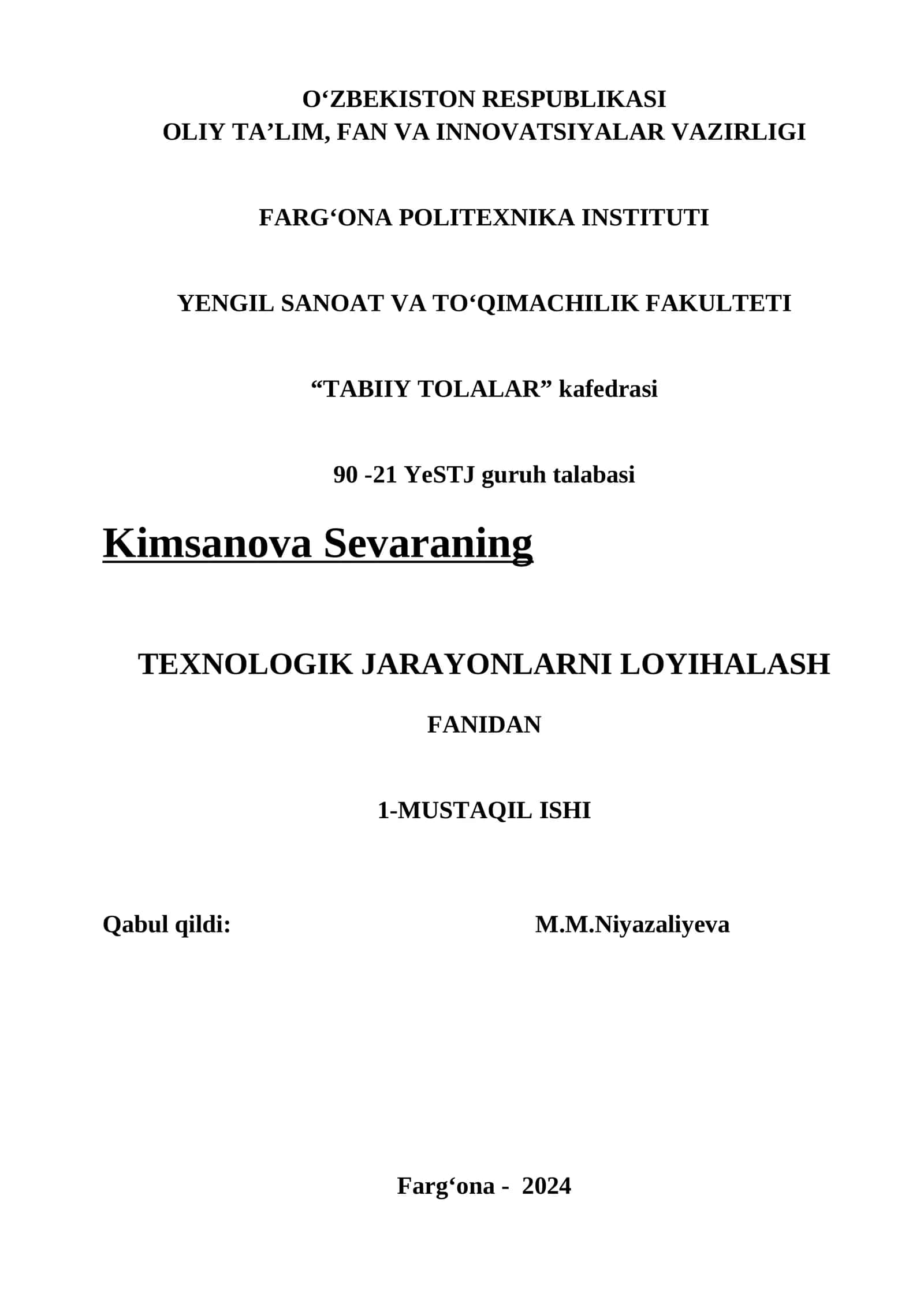 TEXNOLOGIK JARAYONLARNI LOYIHALASH FANIDAN 1