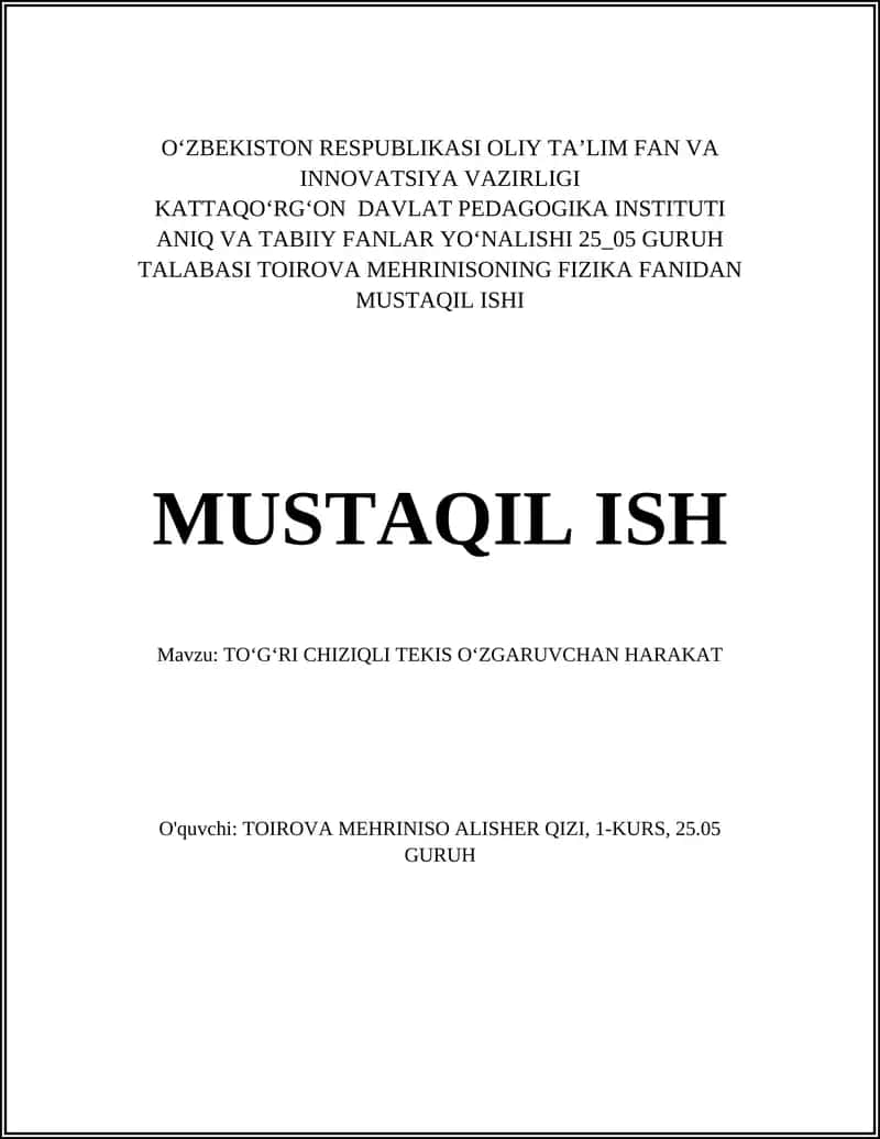 TOʻGʻRI CHIZIQLI TEKIS OʻZGARUVCHAN HARAKAT 1