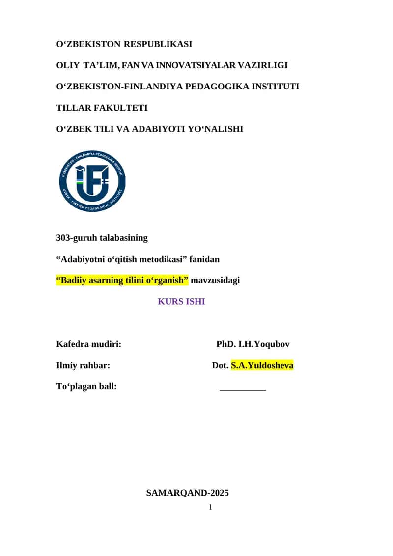 "Badiiy asarning tilini o‘rganish" KURS ISHI 1