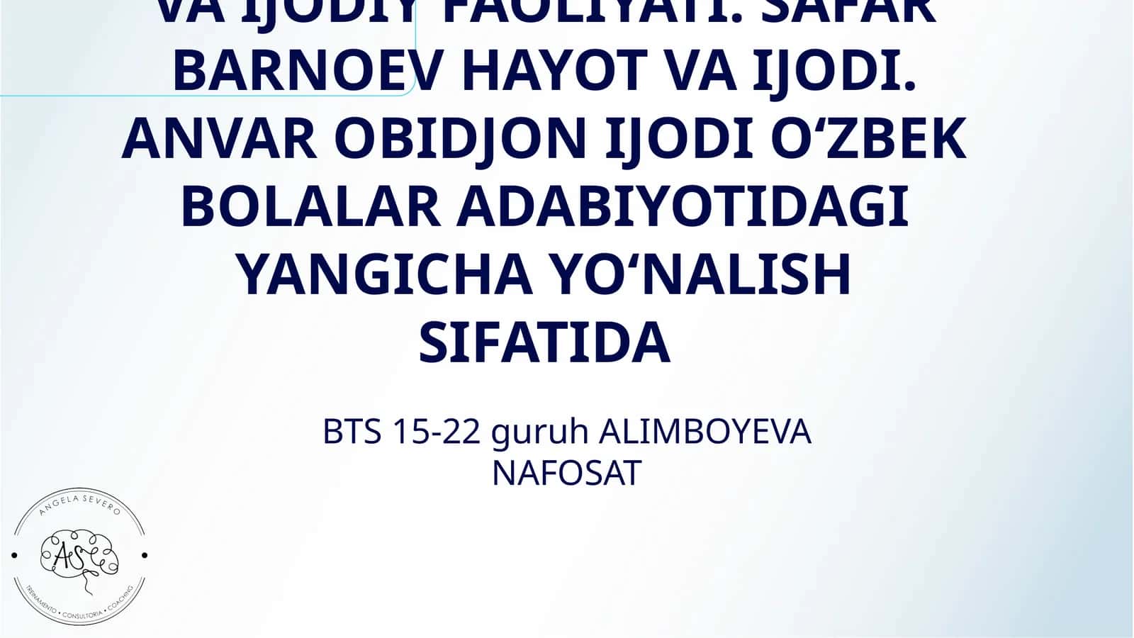MIRAZIZ AʼZAMNING HAYOTI VA IJODIY FAOLIYATI. SAFAR BARNOEV HAYOT VA IJODI. ANVAR OBIDJON IJODI OʻZBEK BOLALAR ADABIYOTIDAGI YANGICHA YOʻNALISH SIFATIDA 1
