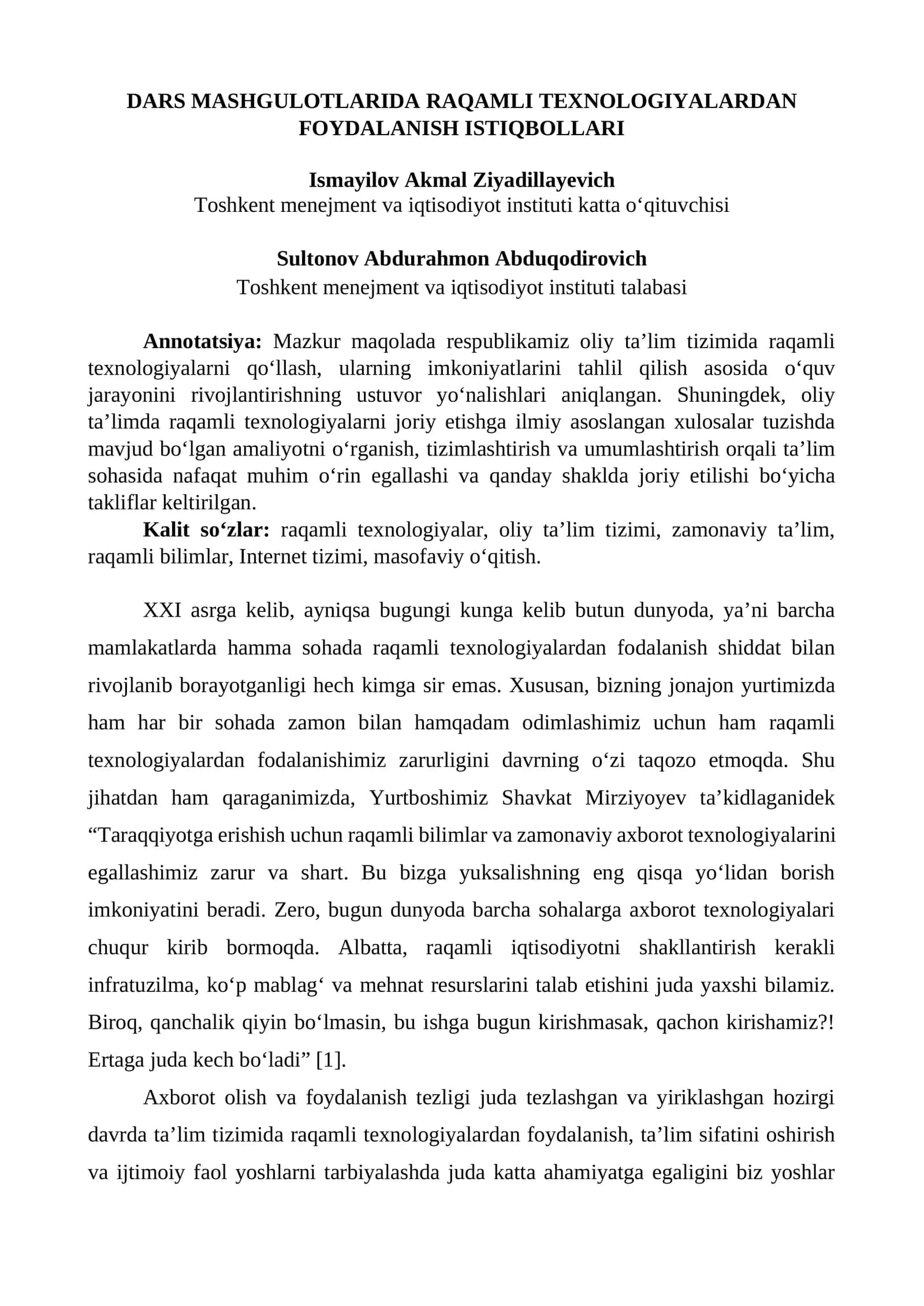 DARS MASHGULOTLARIDA RAQAMLI TЕXNOLOGIYALARDAN FOYDALANISH ISTIQBOLLARI 1