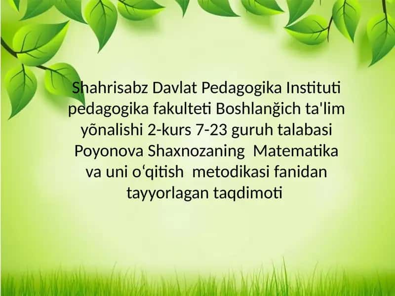 Matematika va Uni o‘qitish metodikasi 1