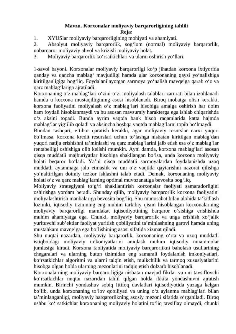 Korxonalar moliyaviy barqarorligining tahlili 1