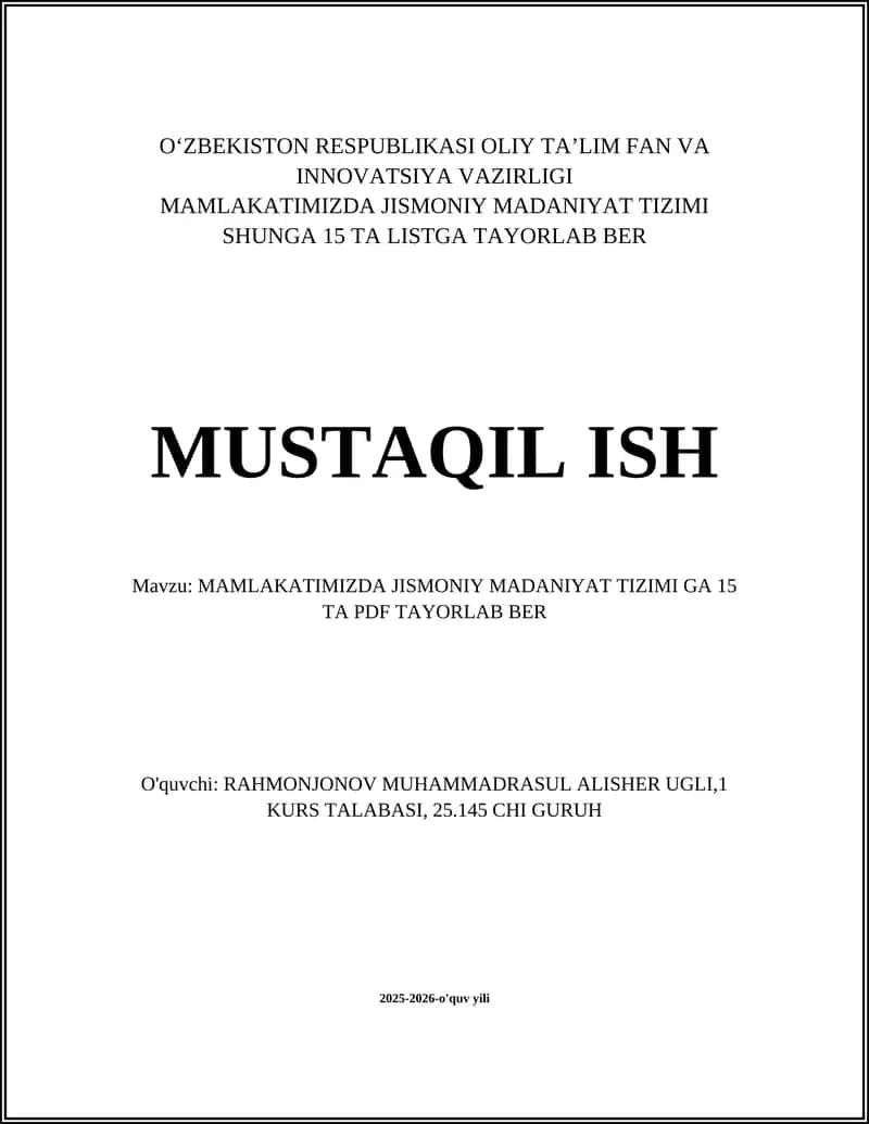 Jismoniy madaniyat tizimini baholash uchun ma'lumotlar 1