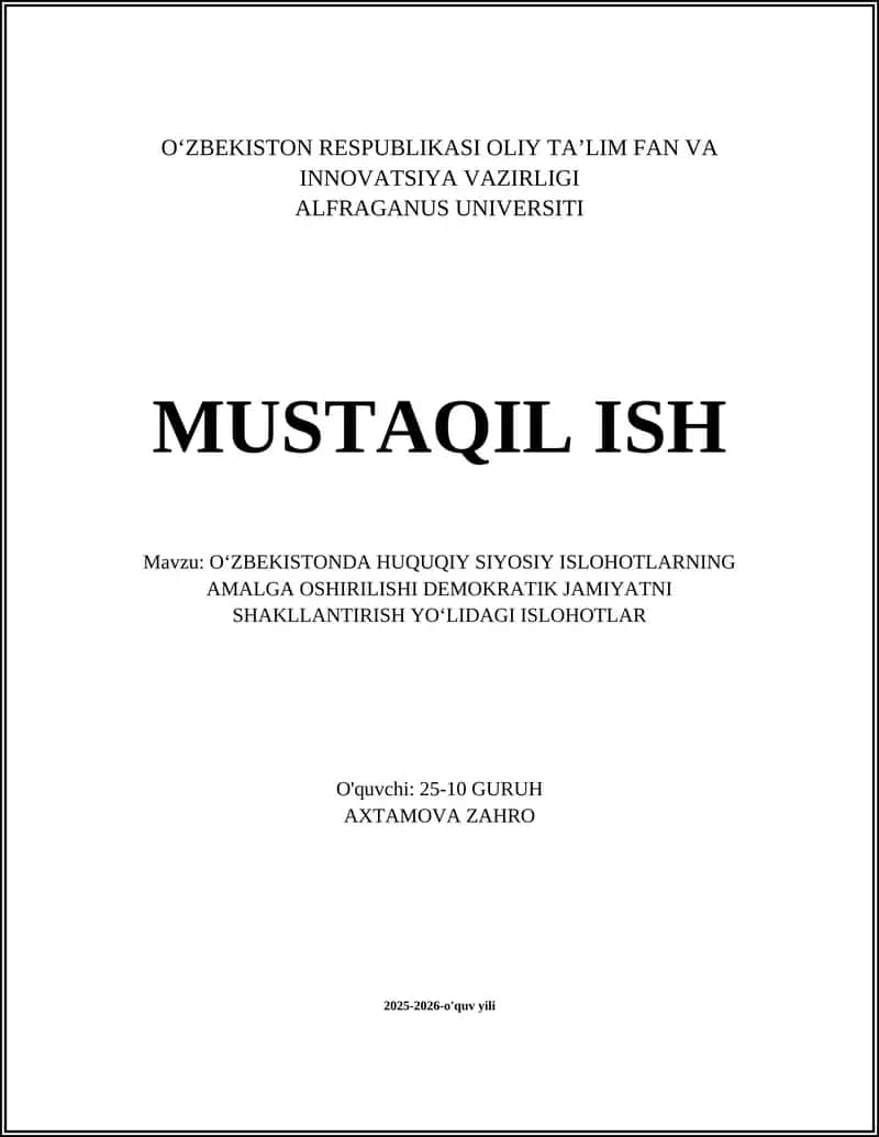 OʻZBEKISTONDA HUQUQIY SIYOSIY ISLOHOTLARNING AMALGA OSHIRILISHI DEMOKRATIK JAMIYATNI SHAKLLANTIRISH YOʻLIDAGI ISLOHOTLAR 1