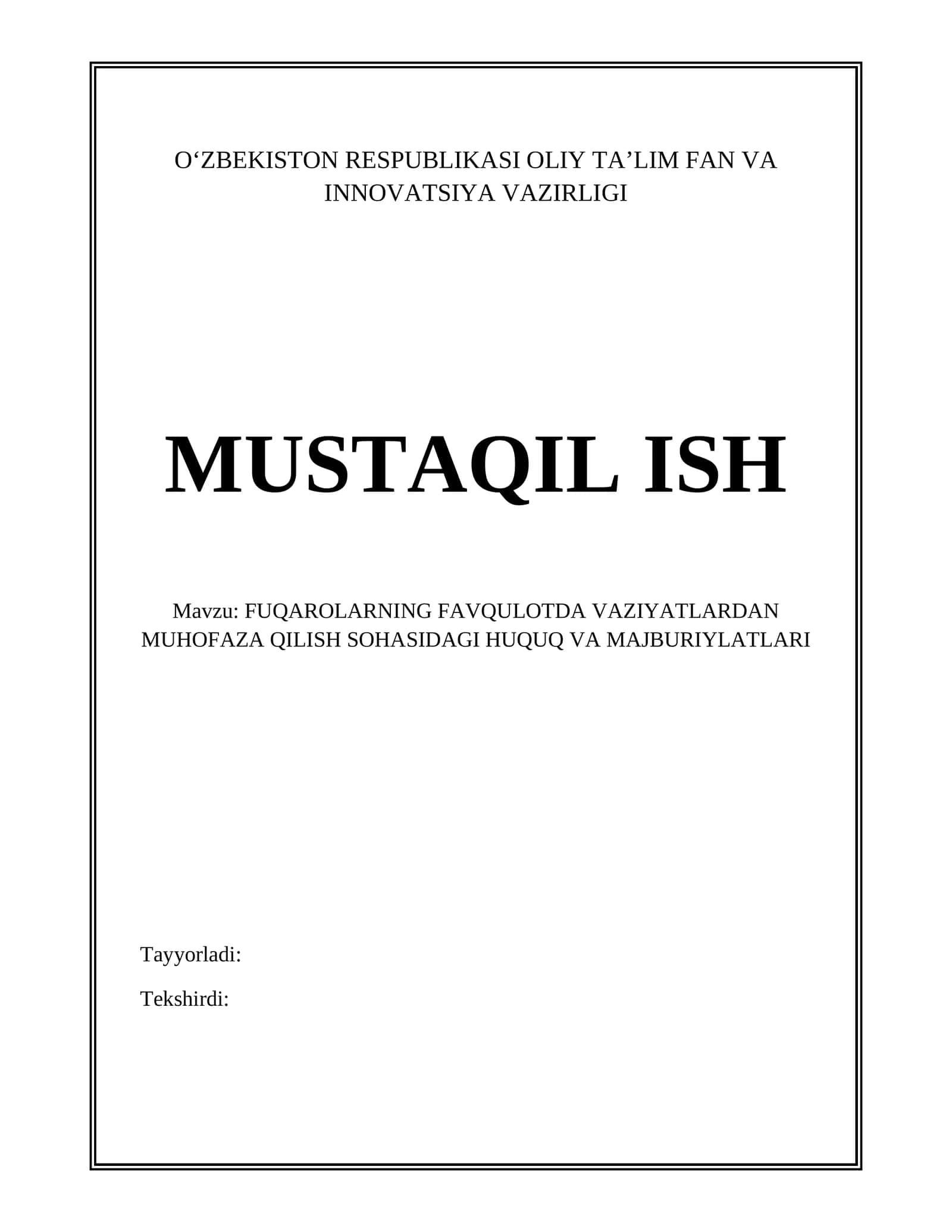 FUQAROLARNING FAVQULOTDA VAZIYATLARDAN MUHOFAZA QILISH SOHASIDAGI HUQUQ VA MAJBURIYLATLARI 1