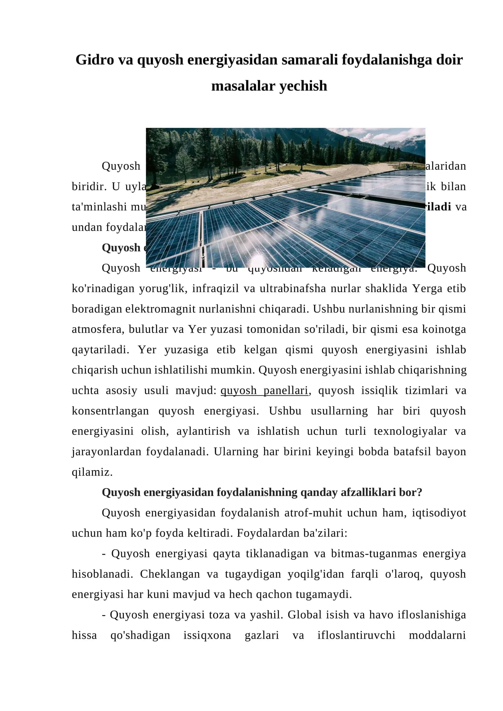 Quyosh energiyasi va undan foydalanish 1