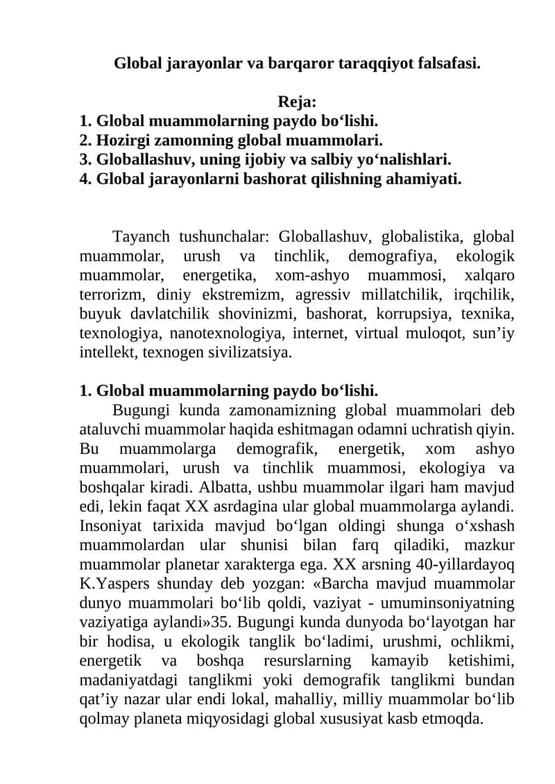 Global jarayonlar va barqaror taraqqiyot falsafasi 1