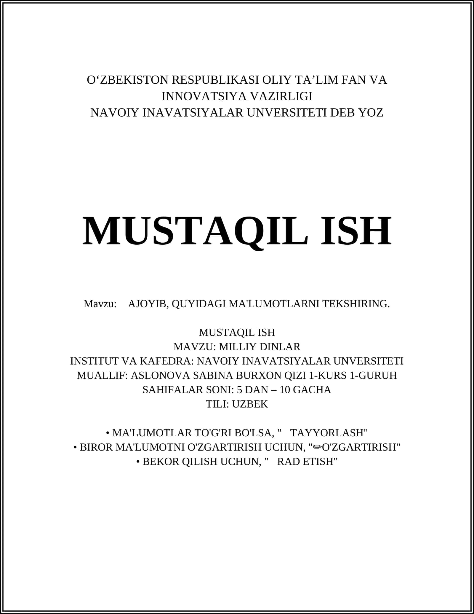 MILLIY DINLAR TARIXI 1