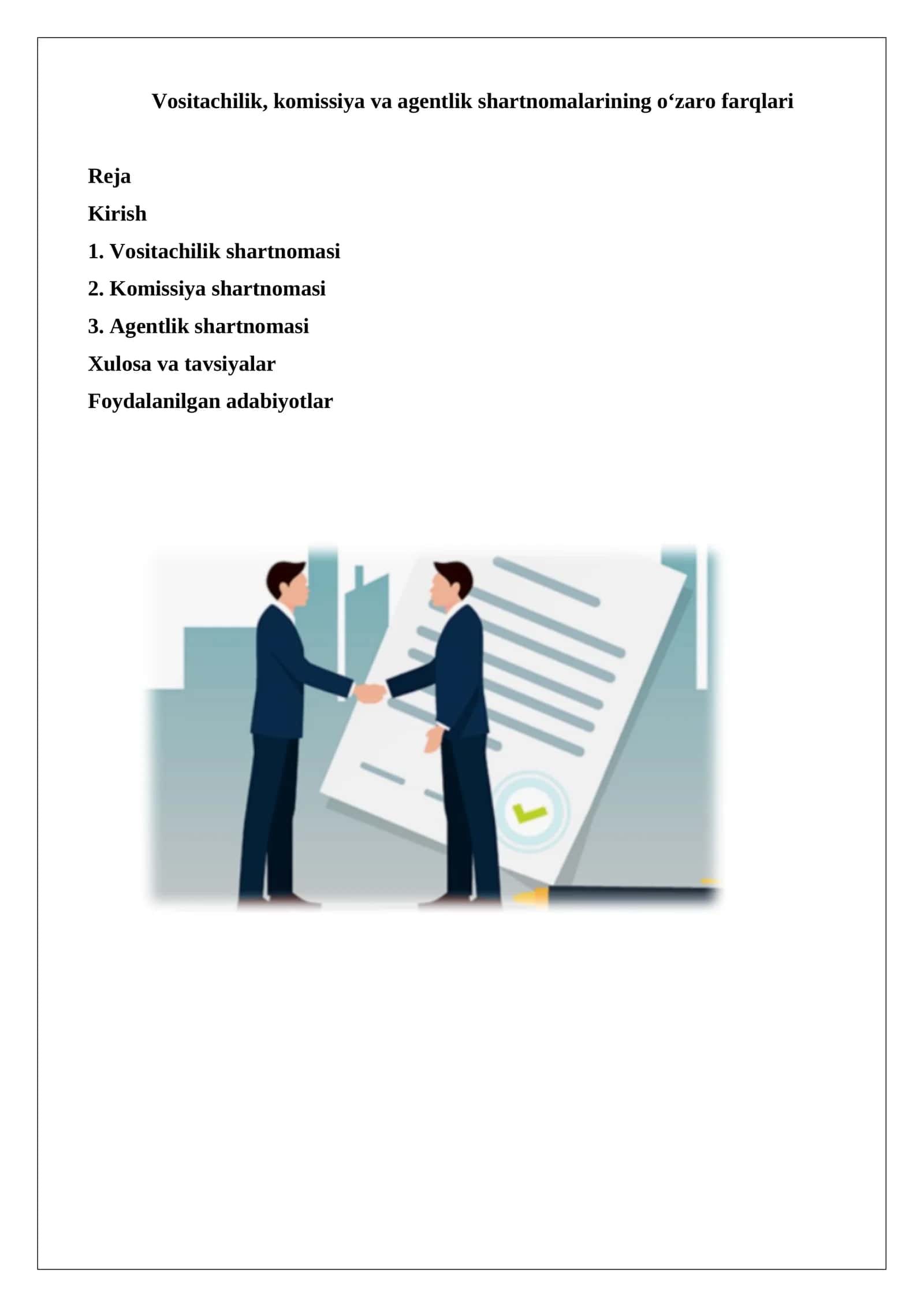 Vositachilik, komissiya va agentlik shartnomalarining o‘zaro farqlari 1