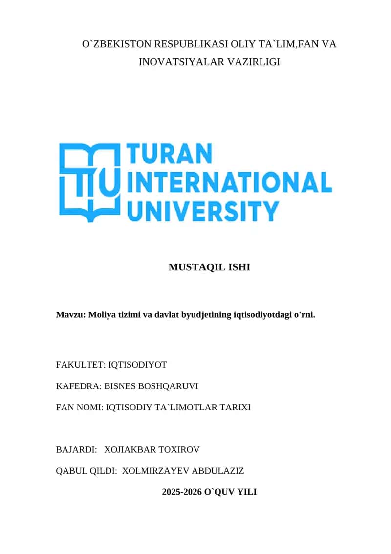 Moliya tizimi va davlat byudjetining iqtisodiyotdagi o'rni 1