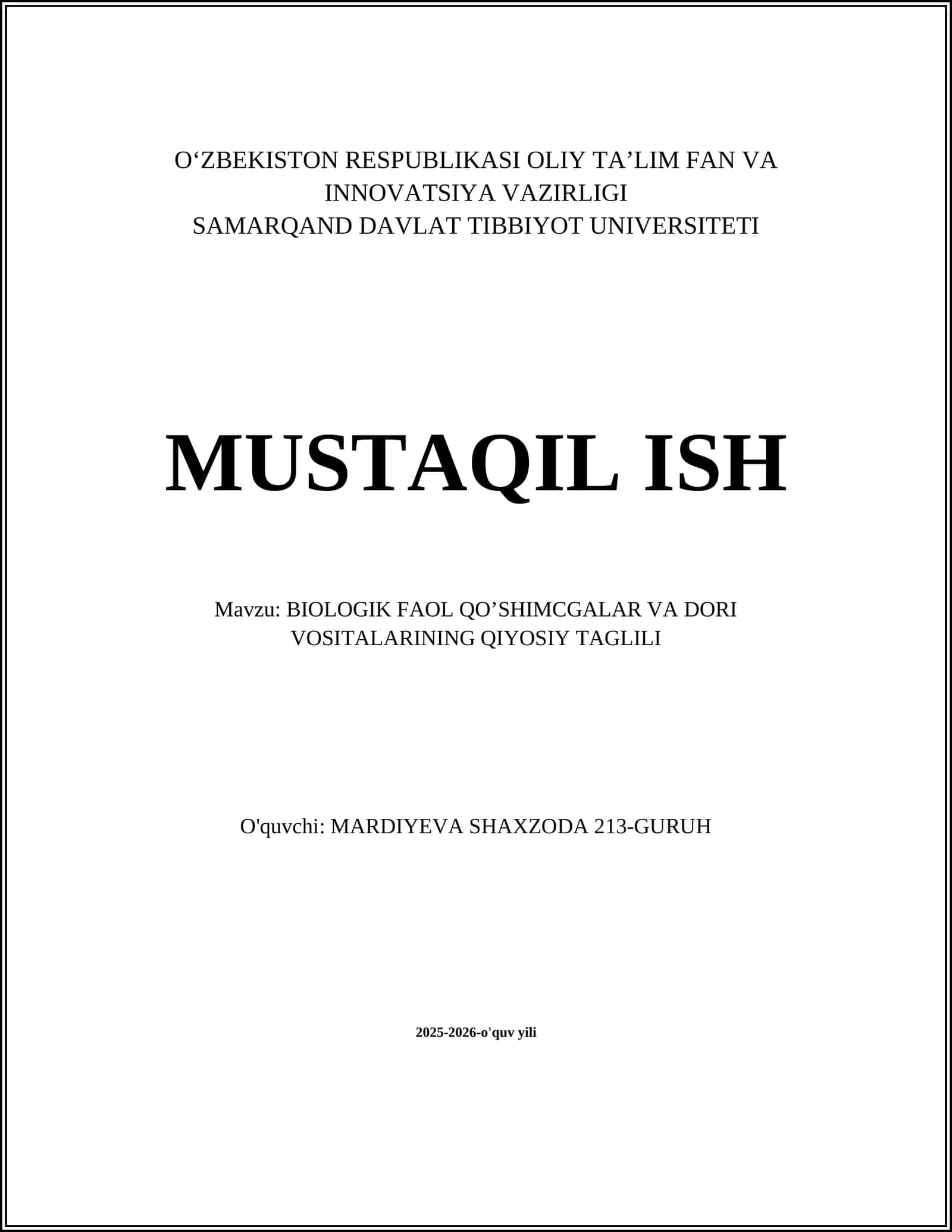 BIOLOGIK FAOL QO’SHIMCGALAR VA DORI VOSITALARINING QIYOSIY TAGLILI 1