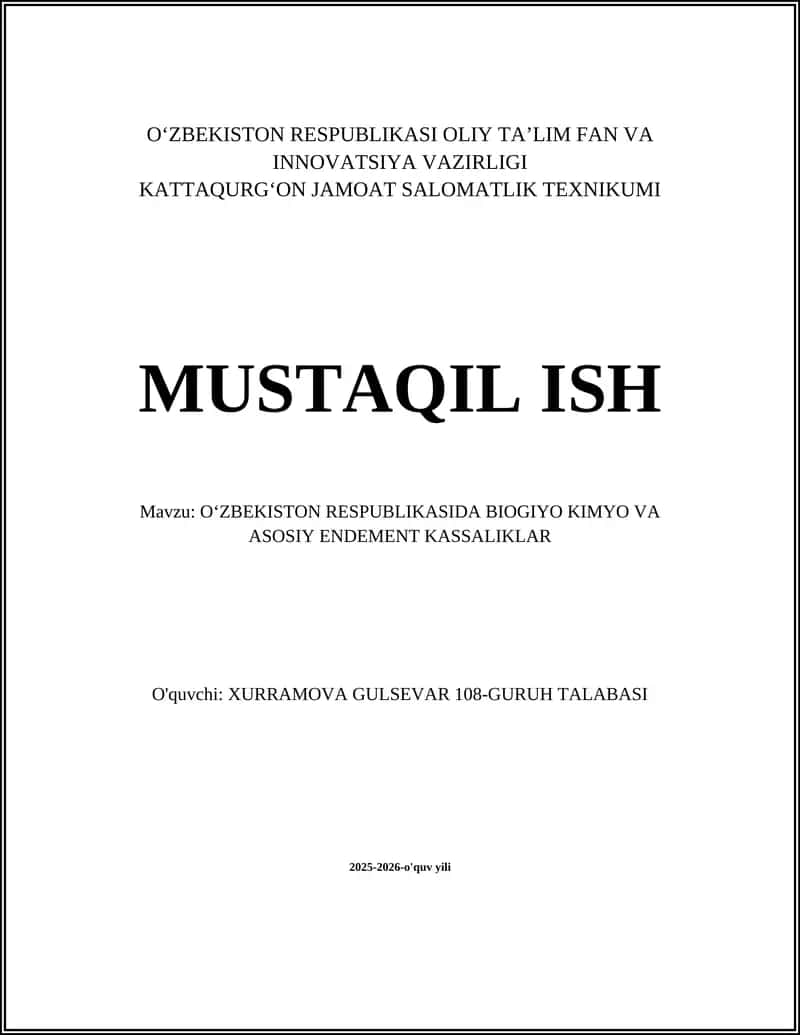 Oʻzbekiston Respublikasida Biogiyo Kimyo va Asosiy Endement Kassaliklar 1