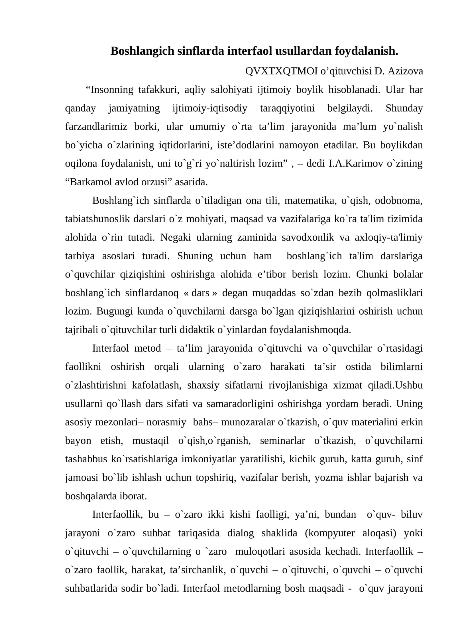 Boshlangich sinflarda interfaol usullardan foydalanish 1