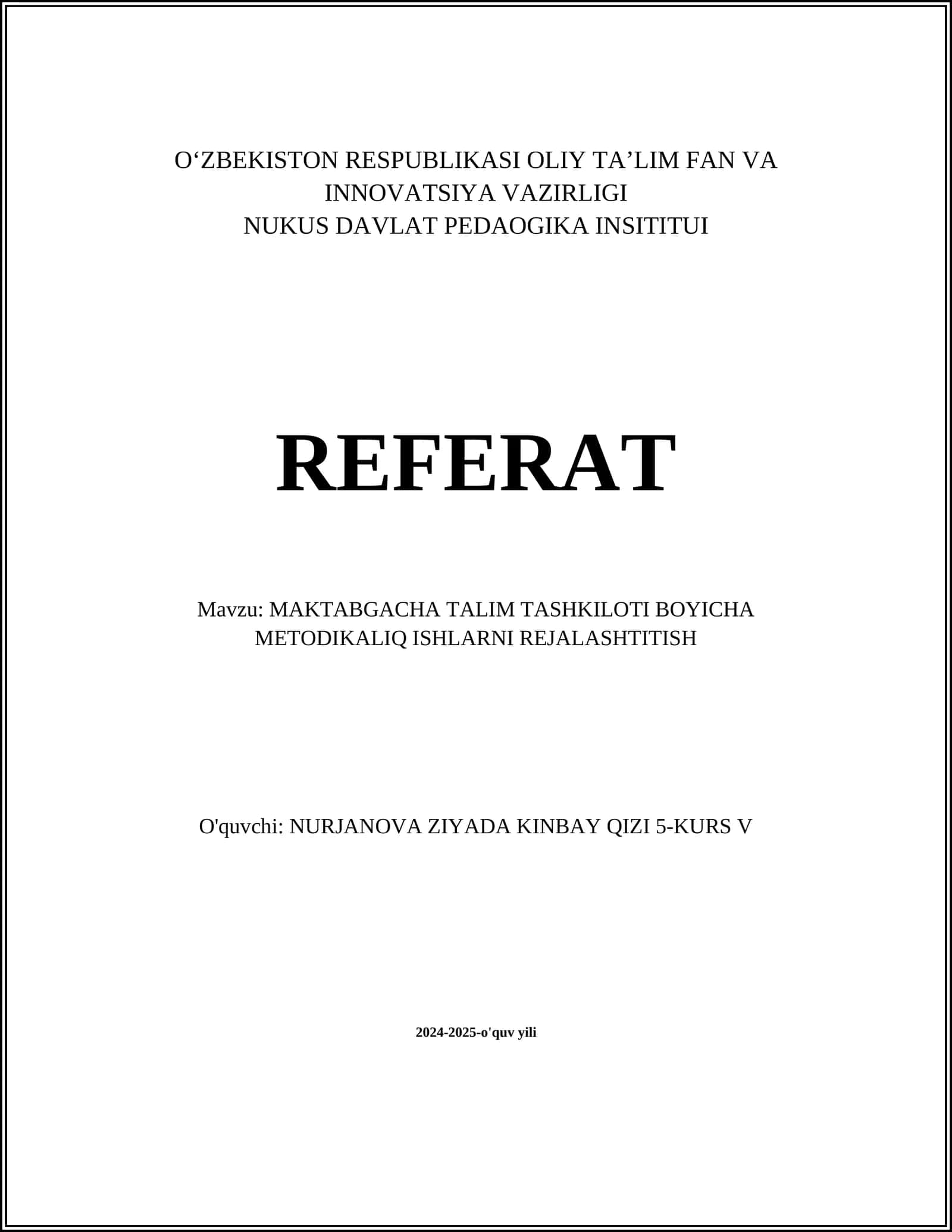 MAKTABGACHA TALIM TASHKILOTI BOYICHA METODIKALIQ ISHLARNI REJALASHTITISH 1