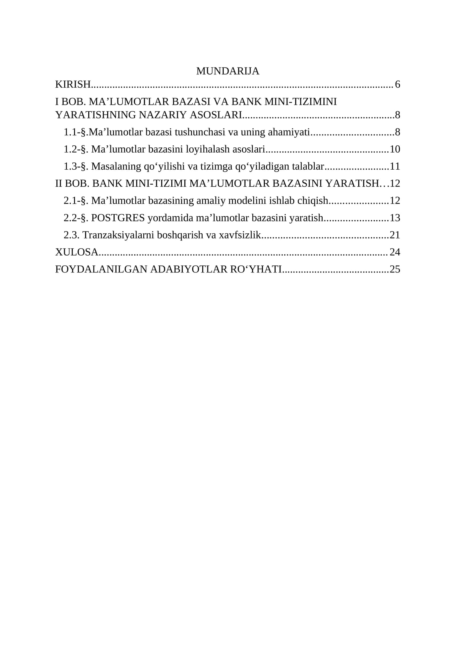 BANK MINI-TIZIMI MA’LUMOTLAR BAZASINI YARATISH individual loyiha 1