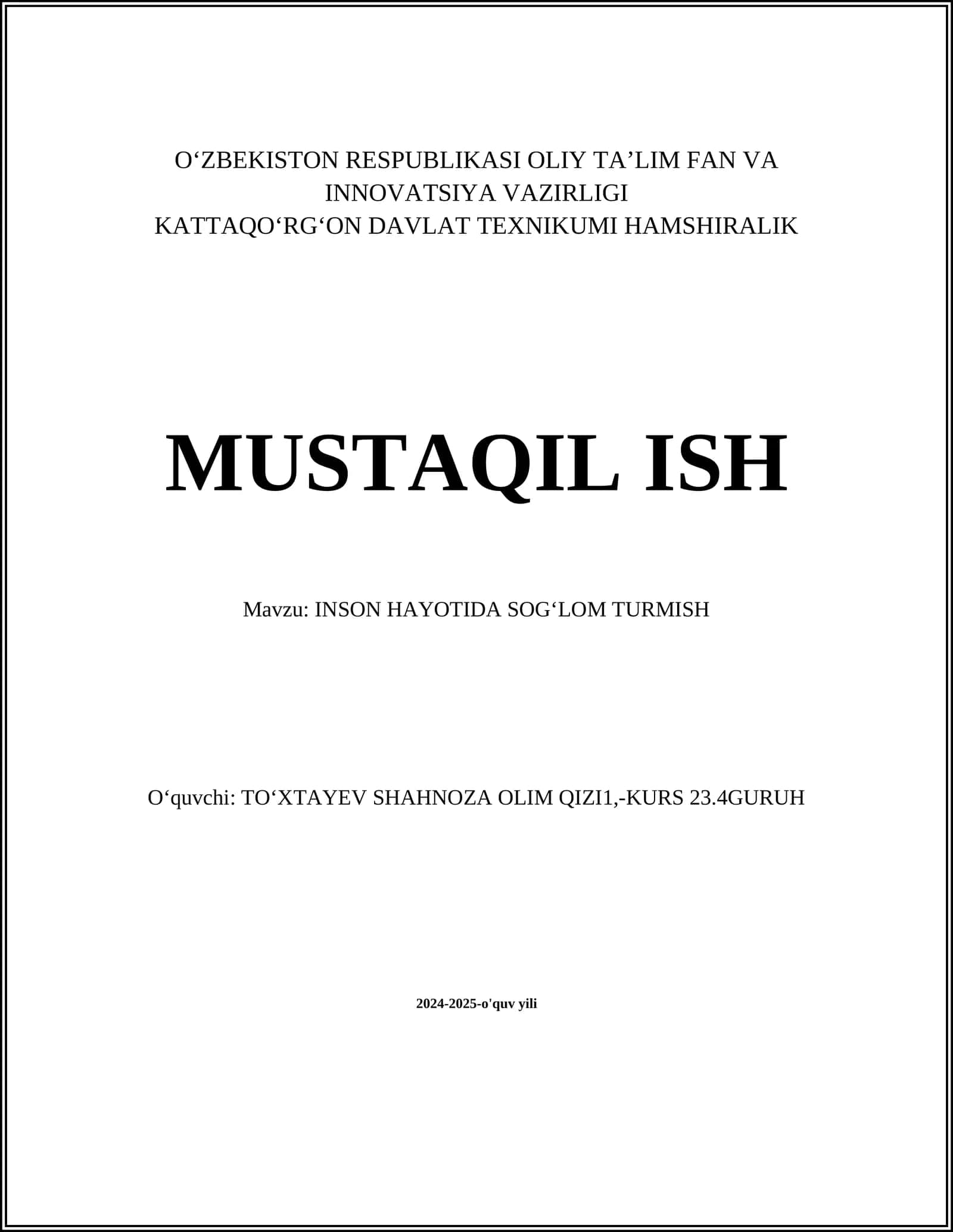 INSON HAYOTIDA SOGʻLOM TURMISH 1