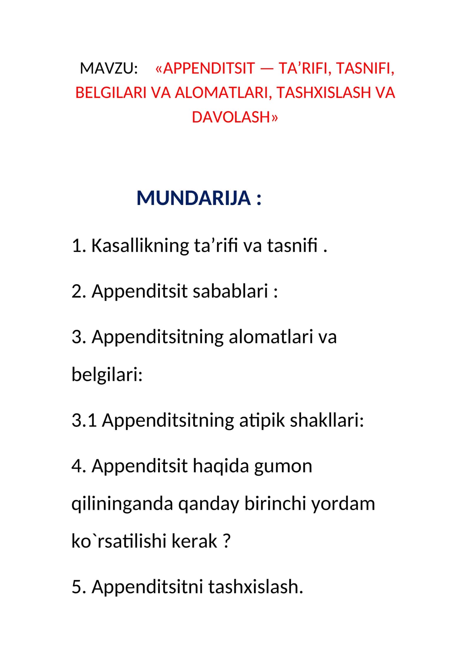 APPENDITSIT — TA’RIFI, TASNIFI, BELGILARI VA ALOMATLARI, TASHXISLASH VA DAVOLASH 1