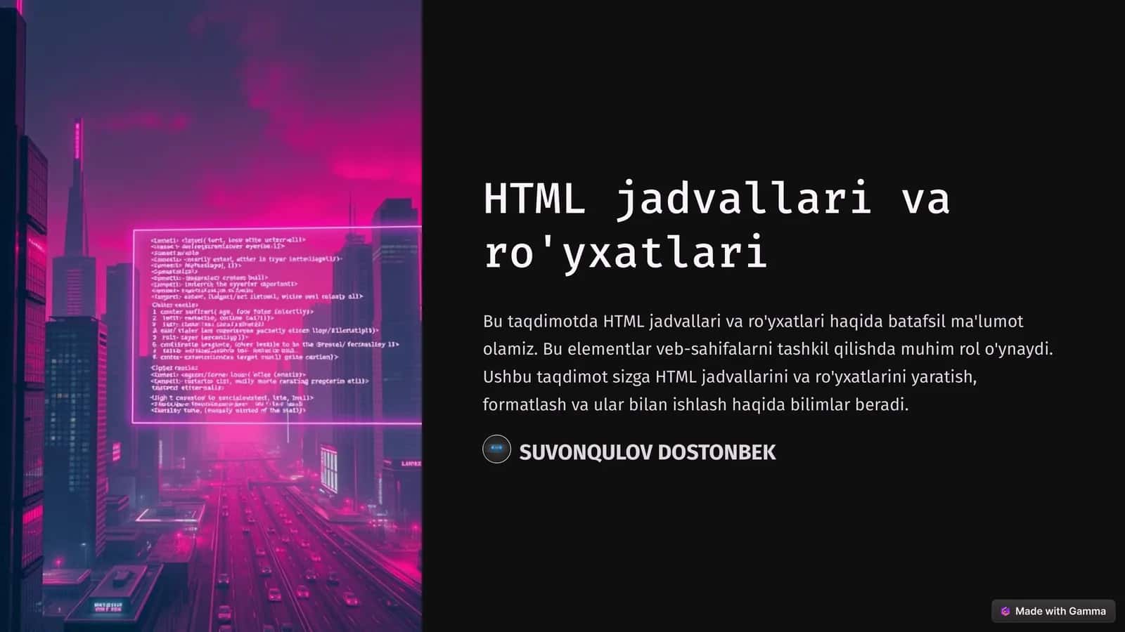 HTML jadvallari va ro'yxatlari 1