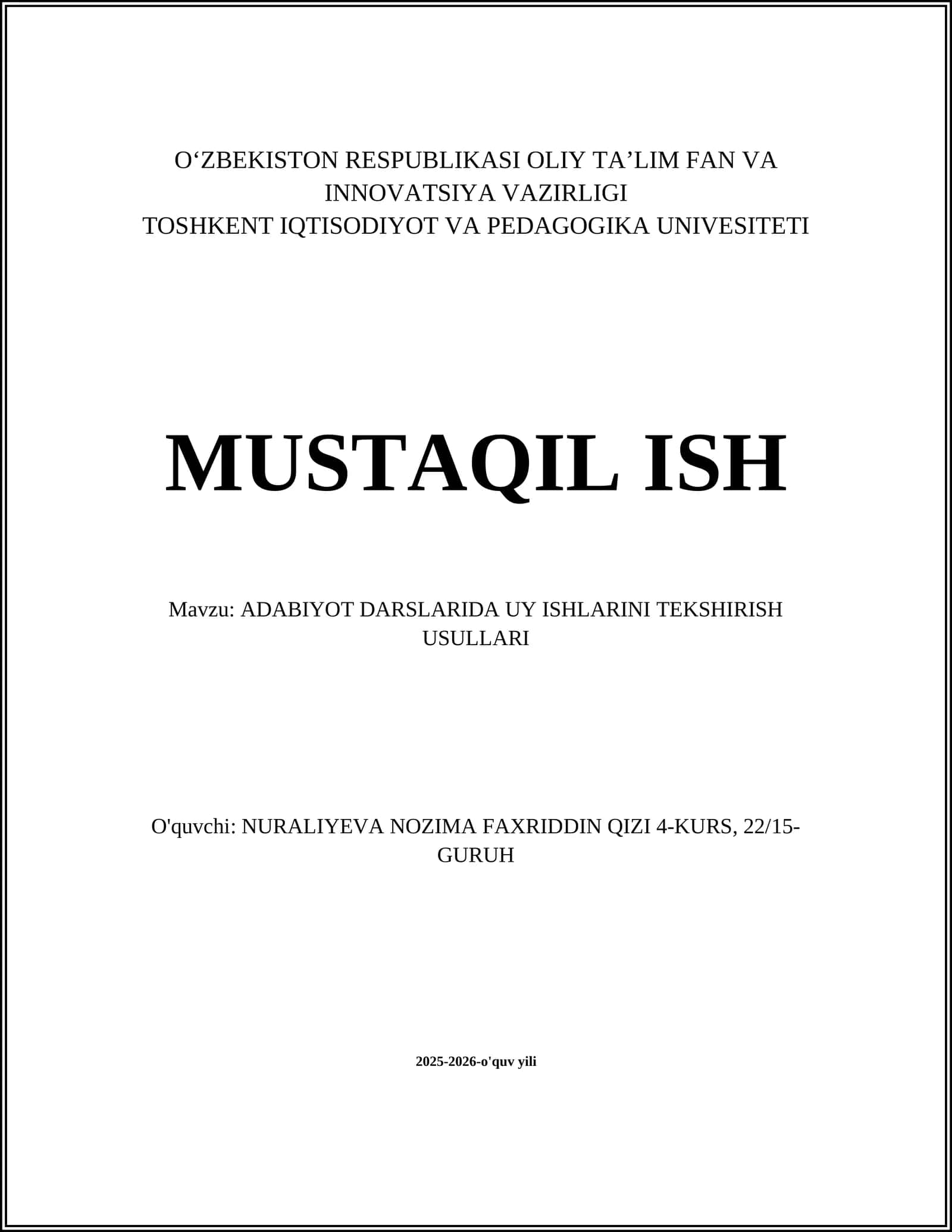 ADABIYOT DARSLARIDA UY ISHLARINI TEKSHIRISH USULLARI 1