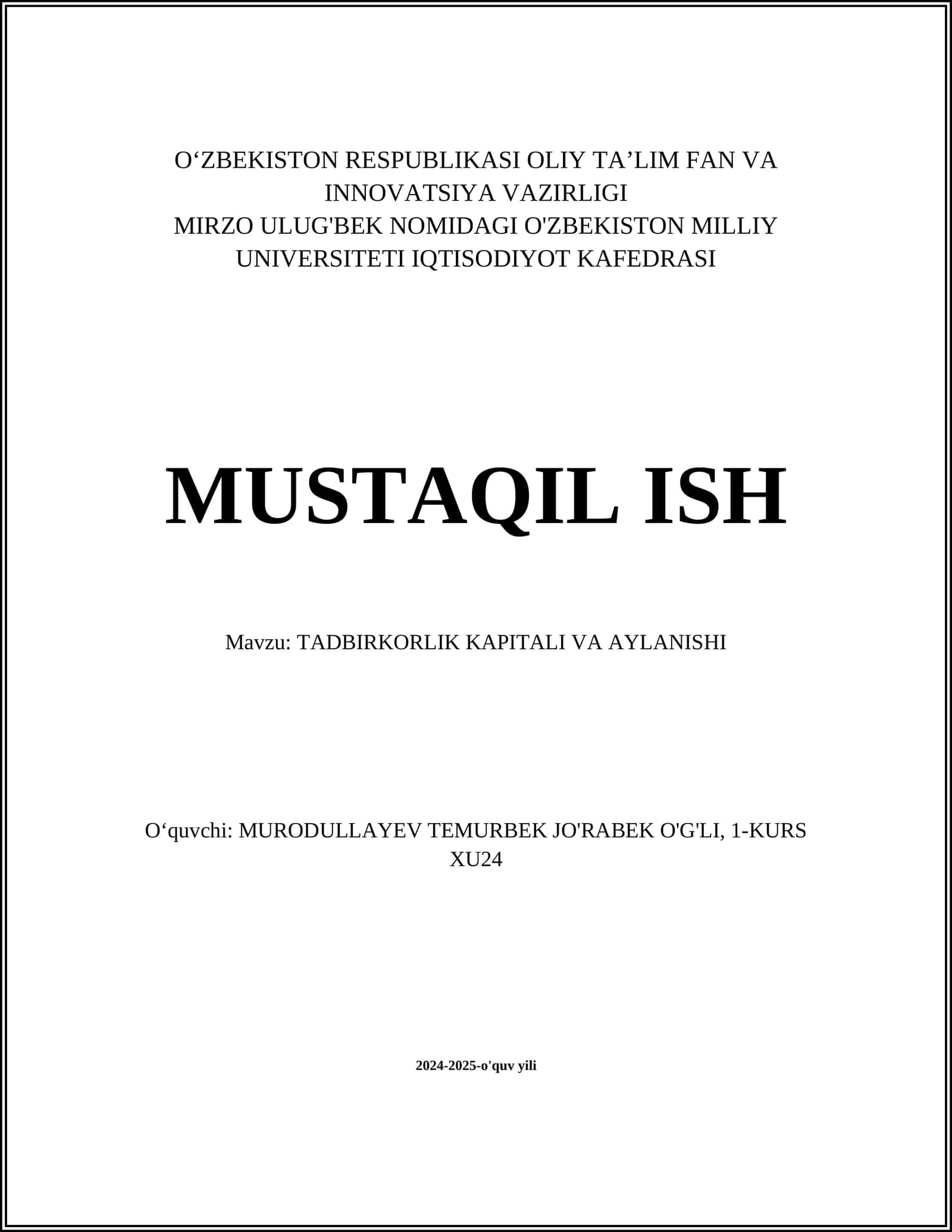 TADBIRKORLIK KAPITALI VA AYLANISHI 1