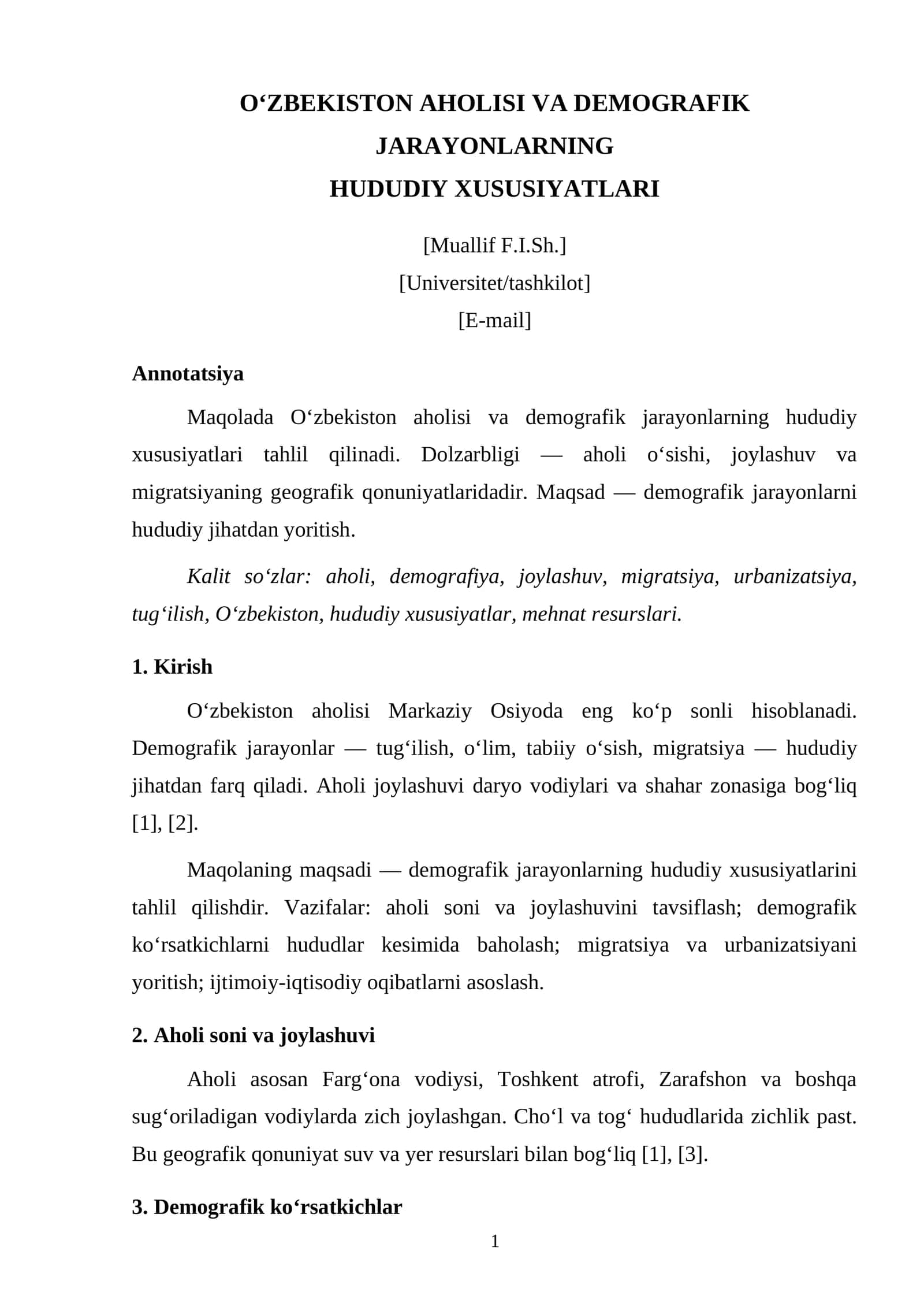 O‘ZBEKISTON AHOLISI VA DEMOGRAFIK JARAYONLARNING HUDUDIY XUSUSIYATLARI 1