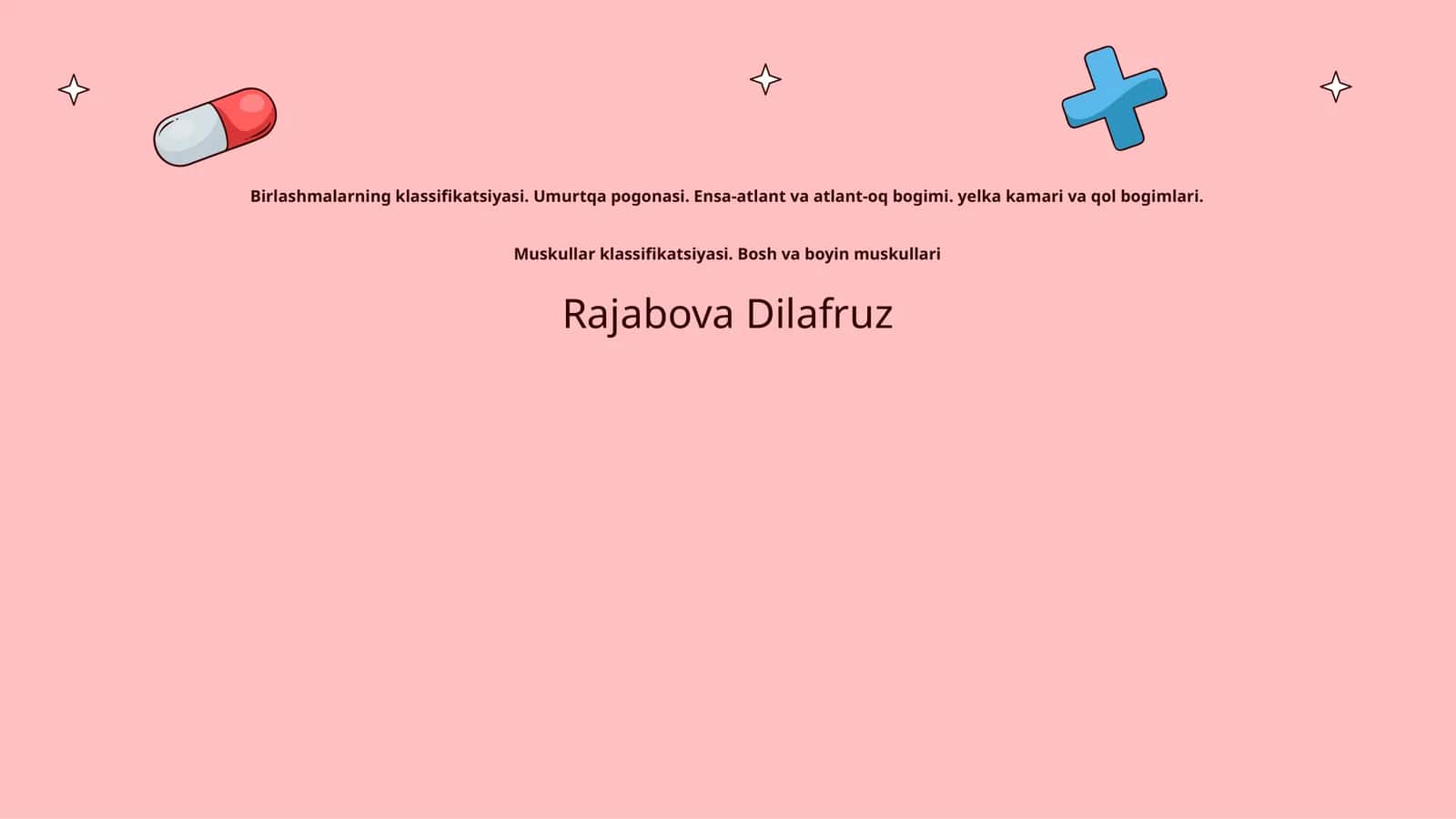 Birlashmalarning klassifikatsiyasi. Umurtqa pogonasi. Ensa-atlant va atlant-oq bogimi. yelka kamari va qol bogimlari. Muskullar klassifikatsiyasi. Bosh va boyin muskullari 1