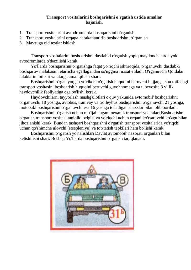 Transport vositalarini boshqarishni o'rgatish ustida amallar 1