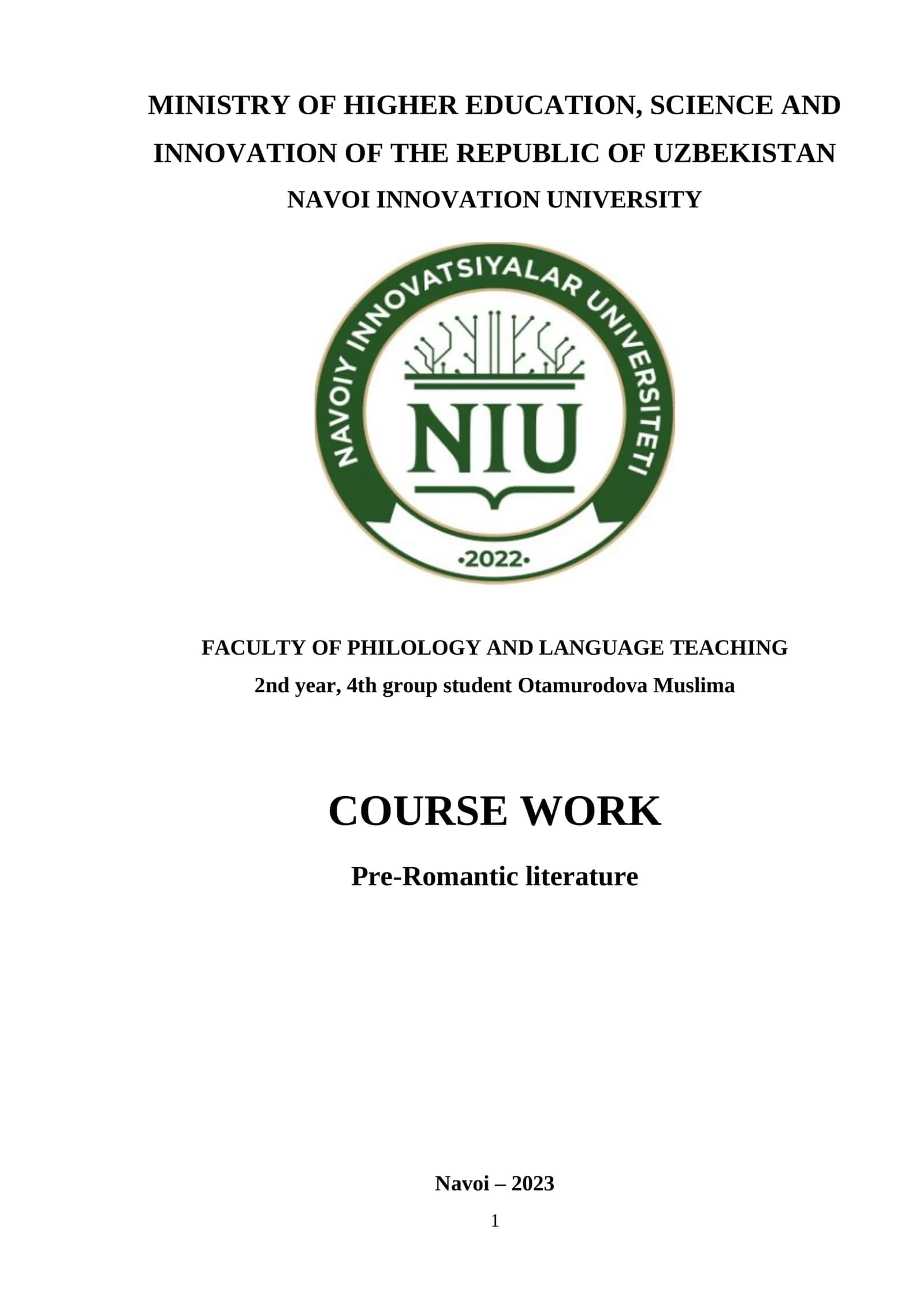 Pre-Romantic Literature Course Work 1