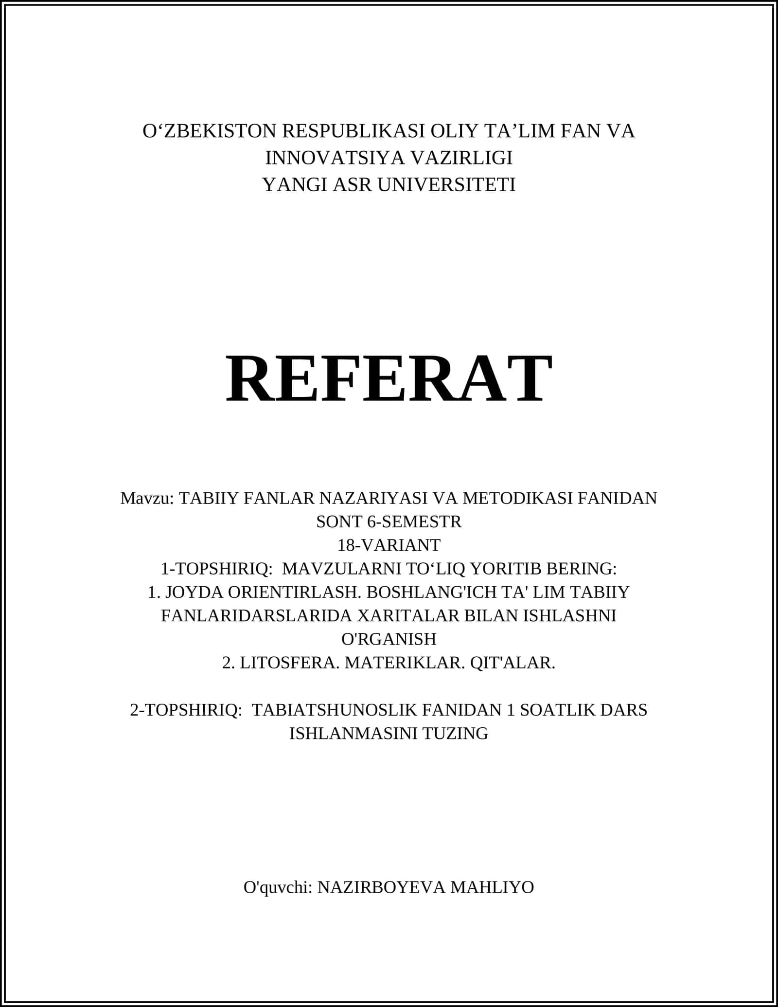TABIIY FANLAR NAZARIYASI VA METODIKASI FANIDAN 1