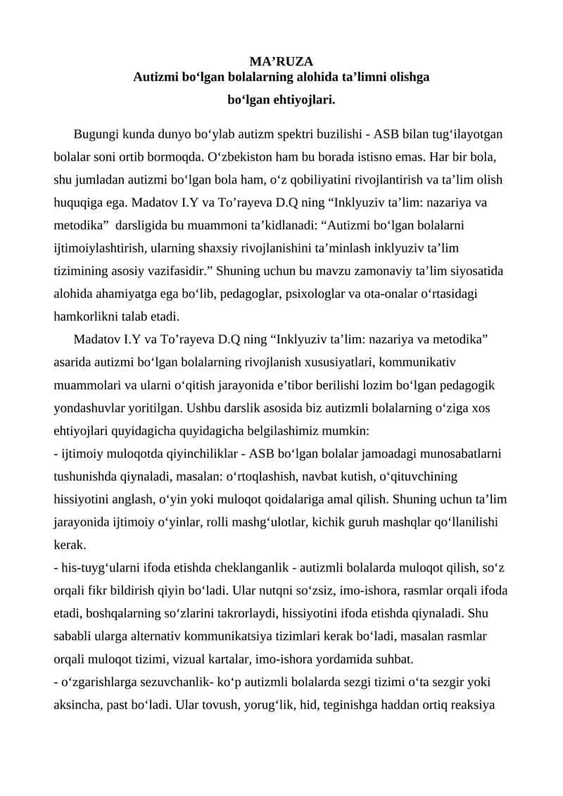 Autizmi bo‘lgan bolalarning alohida ta’limni olishga bo‘lgan ehtiyojlari. 1