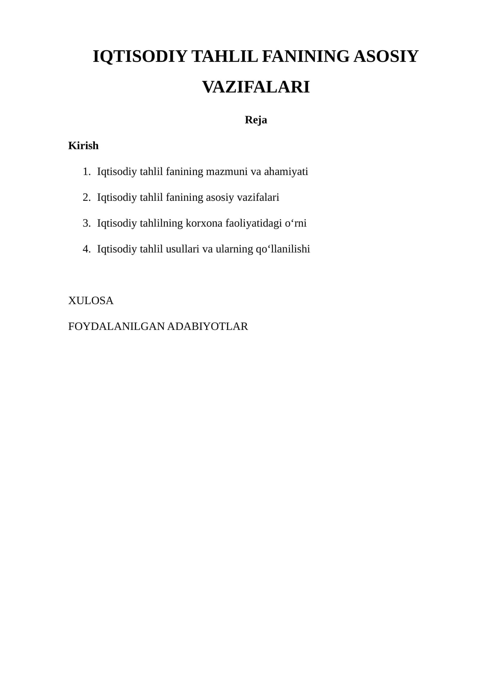 IQTISODIY TAHLIL FANINING ASOSIY VAZIFALARI 1