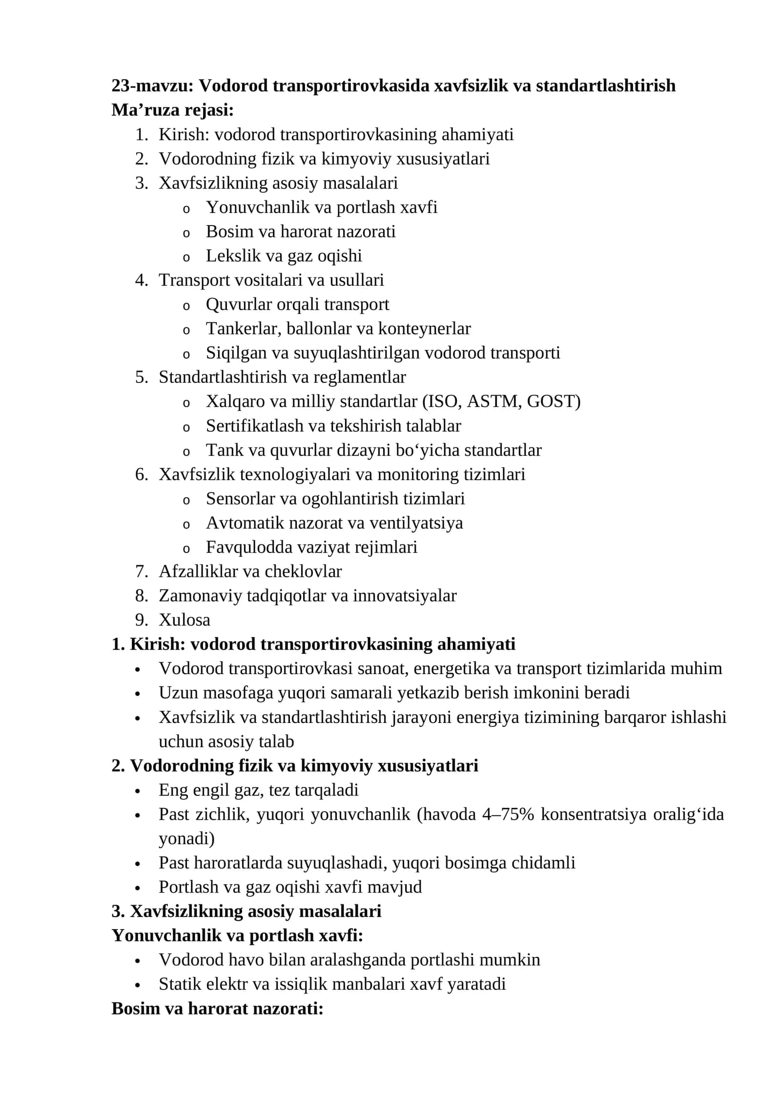 Vodorod transportirovkasida xavfsizlik va standartlashtirish 1