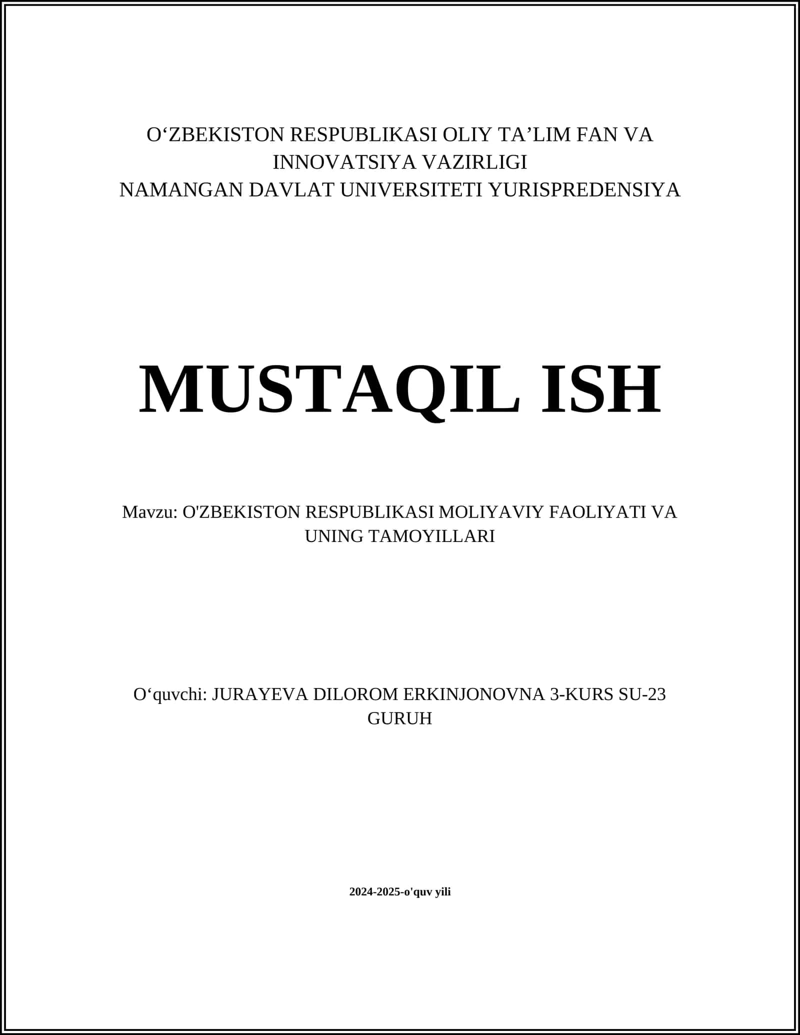 O‘zbekiston Respublikasi moliyaviy faoliyati va uning tamoyillari 1