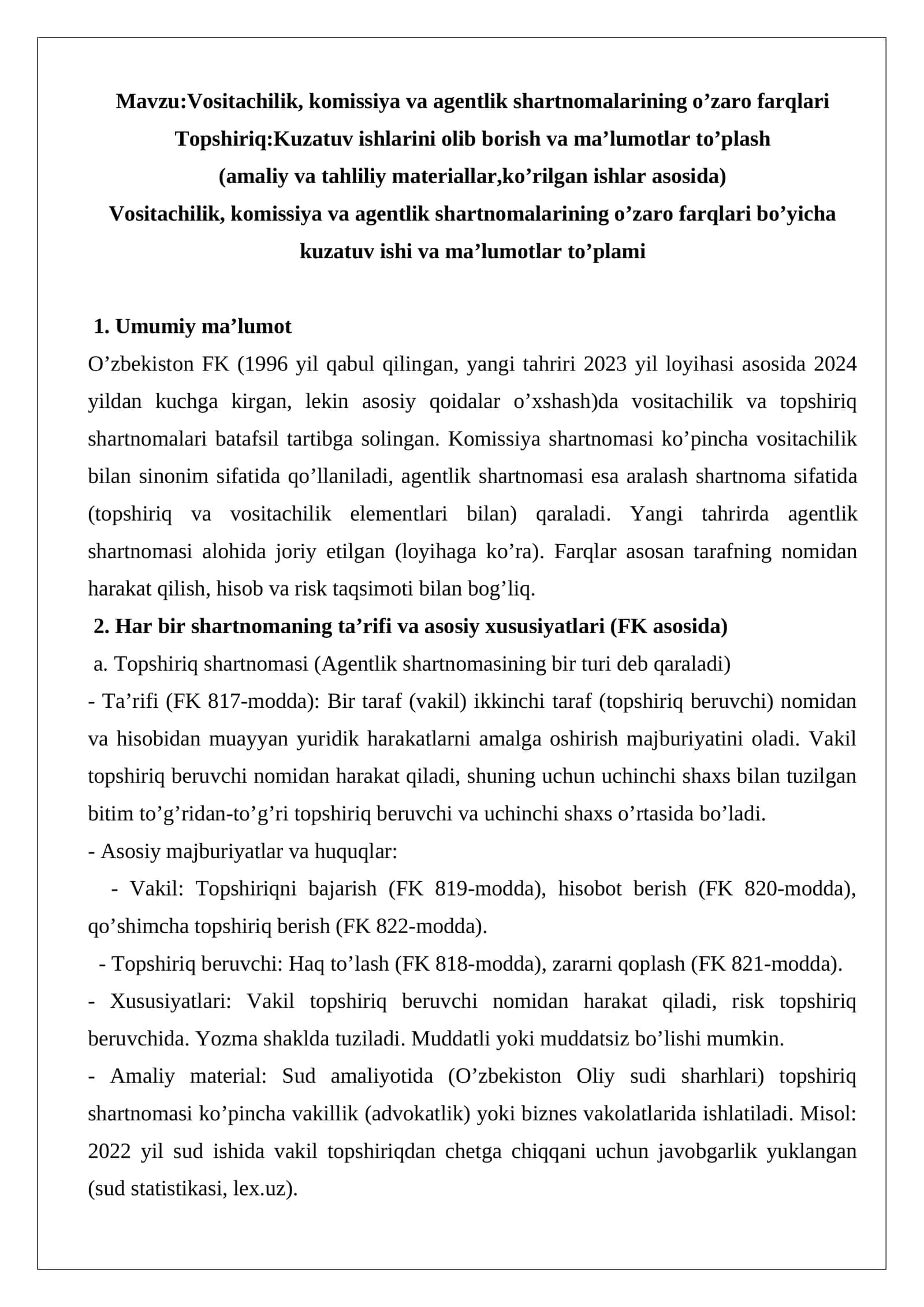 Vositachilik, komissiya va agentlik shartnomalarining o’zaro farqlari 1