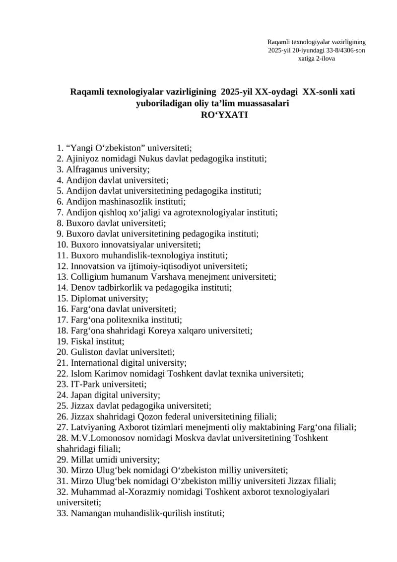 Raqamli texnologiyalar vazirligining 2025-yil XX-oydagi XX-sonli xati yuboriladigan oliy ta’lim muassasalari 1