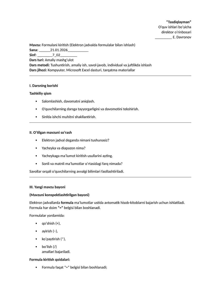 Mavzu: Formulani kiritish (Elektron jadvalda formulalar bilan ishlash) 1