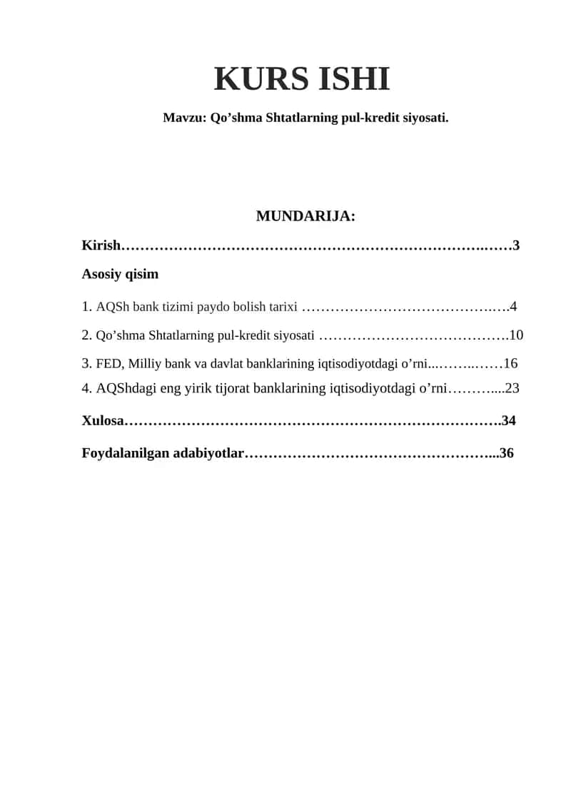 Qo’shma Shtatlarning pul-kredit siyosati 1