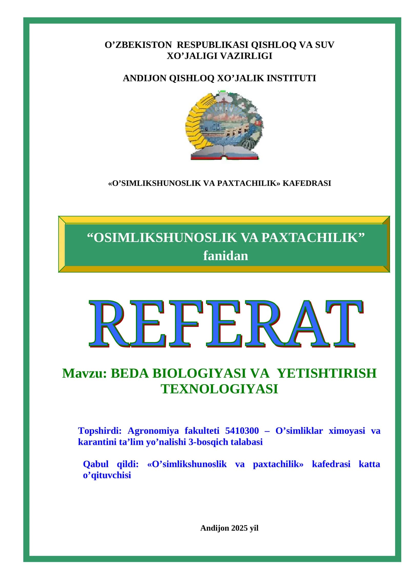 BEDA BIOLOGIYASI VA YETISHTIRISH TEXNOLOGIYASI 1