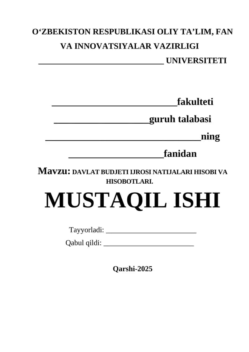 Davlat Budjeti Ijrosi Natijalari Hisobi va Hisobotlari 1